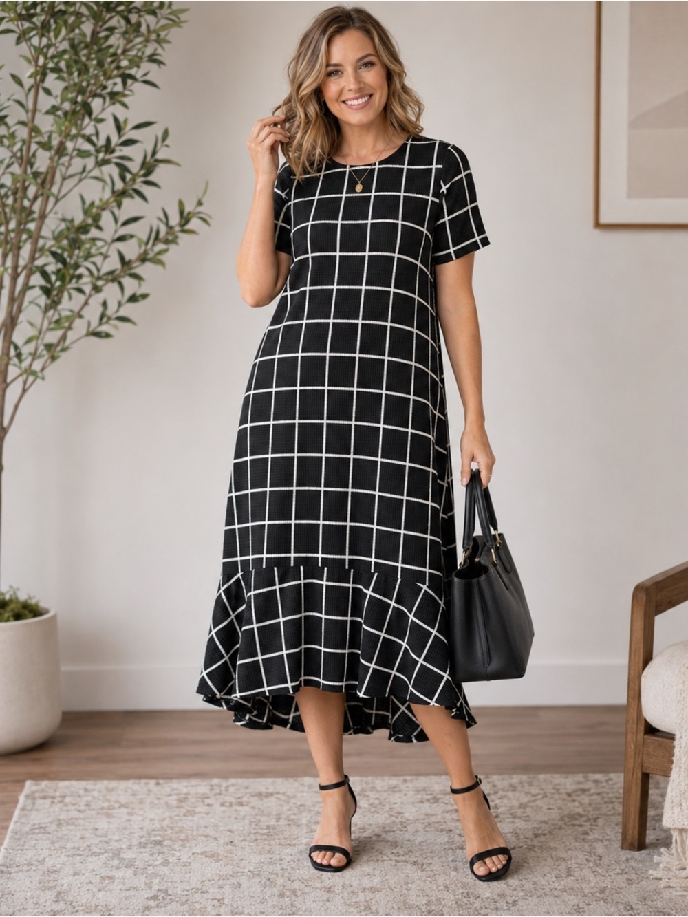 Agnes & Dora Fitzgerald Windowpane Hi-Lo Midi Dress Size Medium NWT